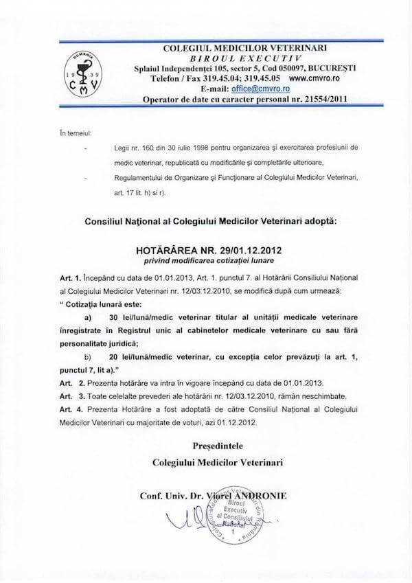 Hotararea nr. 29 CMVRO