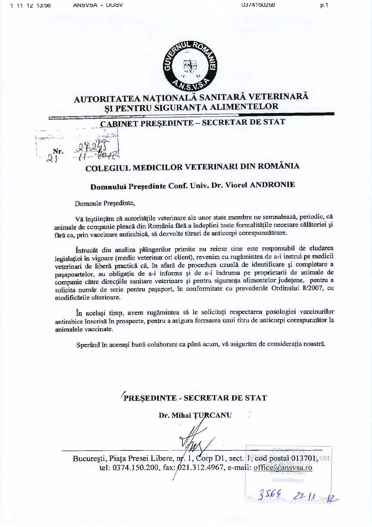 Adresa ANSVSA ref vaccinare antirabica